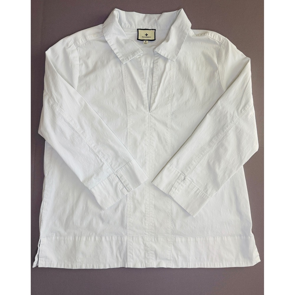 Tuckernuck White V-Neck Tunic Top 3/4 Sleeve Poplin Blouse Womens Medium